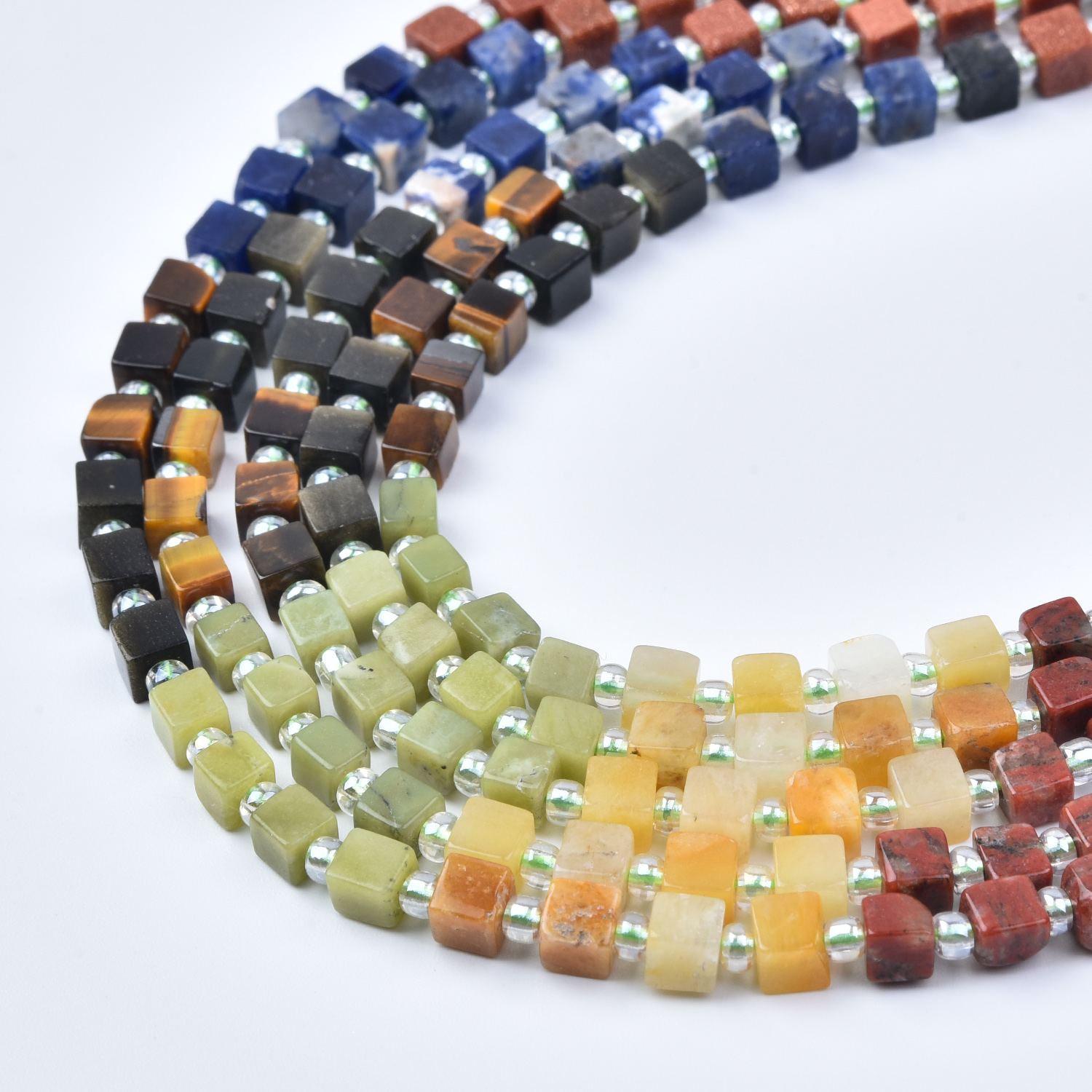 4mm Mixed Gemstone Cube Beads Strand with Sodalite, Tiger Eye, Jasper, Aventurine & Quartz GRN793
