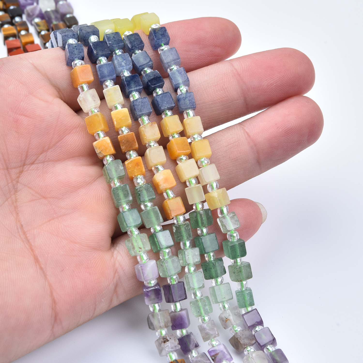 4mm Mixed Gemstone Cube Beads Strand with Sodalite, Amethyst, Tiger Eye, Jasper, Aventurine & Quartz GRN794 - Image 2