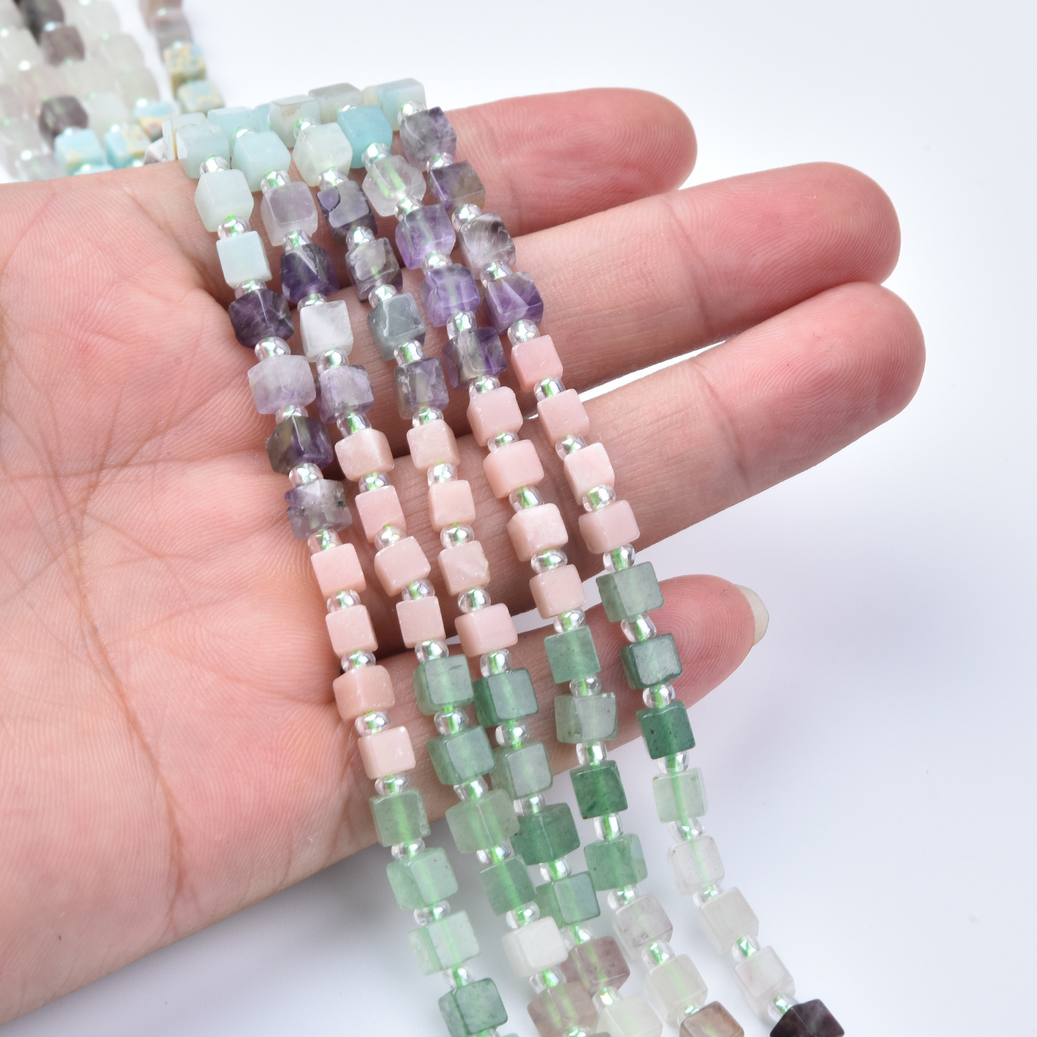 4mm Amazonite, Amethyst, Aventurine, Rose Quartz, Jasper & Quartz Mixed Gemstone Cube Beads Strand GRN795 - Image 2