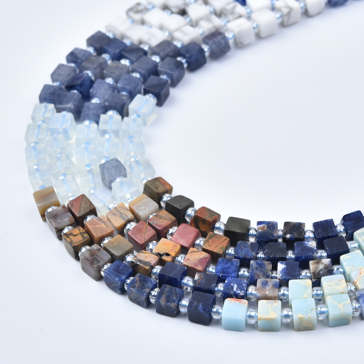 4mm Sodalite, Amazonite, Jasper, Howlite & Quartz Mixed Gemstone Cube Beads Strand GRN798