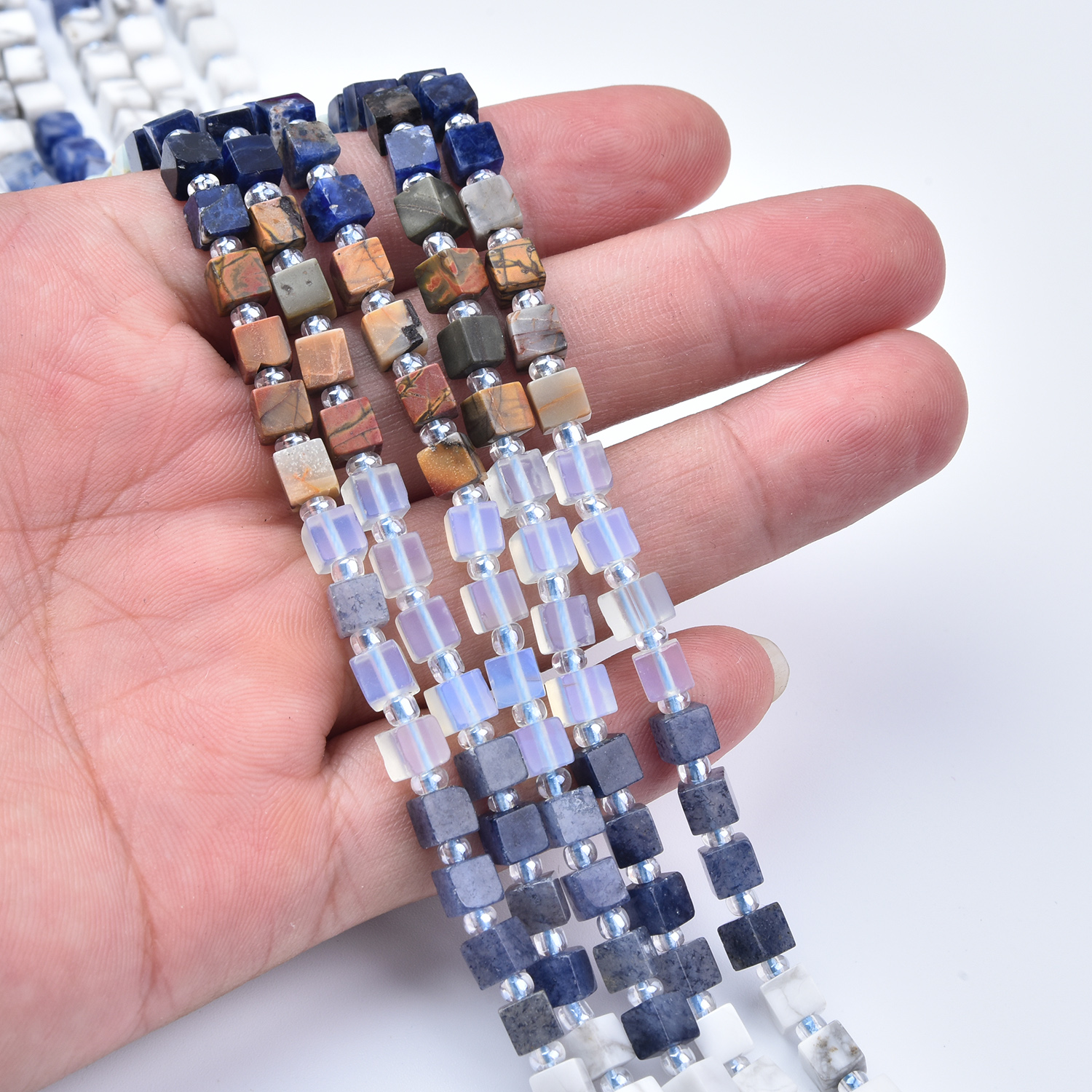 4mm Sodalite, Amazonite, Jasper, Howlite & Quartz Mixed Gemstone Cube Beads Strand GRN798 - Image 2