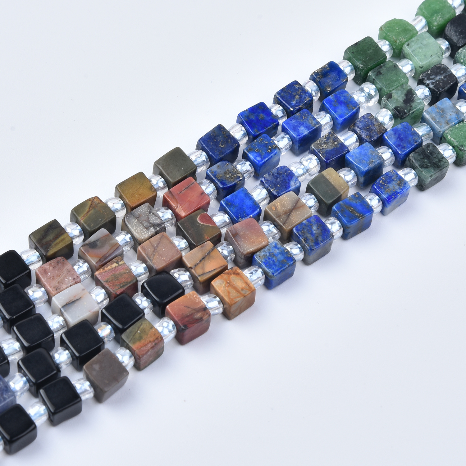 4mm Lapis, Tiger Eye, Aventurine, Onyx, Jasper & Quartz Mixed Gemstone Cube Beads Strand GRN799 - Image 3