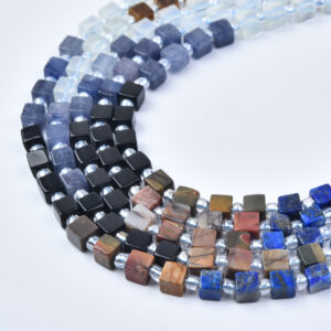 4mm Lapis, Tiger Eye, Aventurine, Onyx, Jasper & Quartz Mixed Gemstone Cube Beads Strand GRN799
