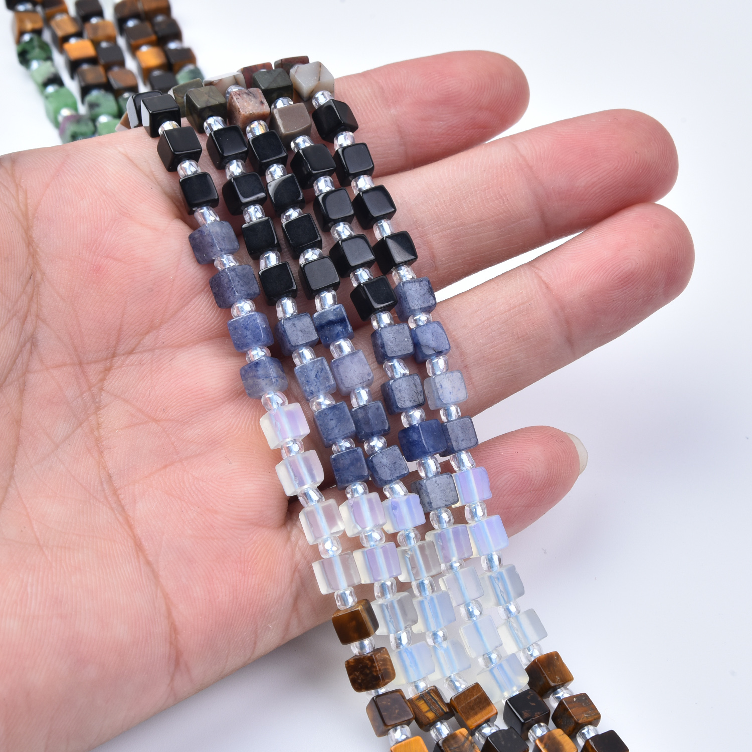 4mm Lapis, Tiger Eye, Aventurine, Onyx, Jasper & Quartz Mixed Gemstone Cube Beads Strand GRN799 - Image 2