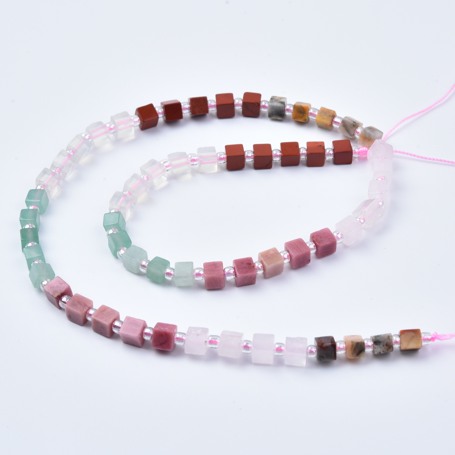 4mm Rose Quartz, Rhodonite, Aventurine, Red Jasper & Quartz Mixed Gemstone Cube Beads Strand GRN802 - Image 4