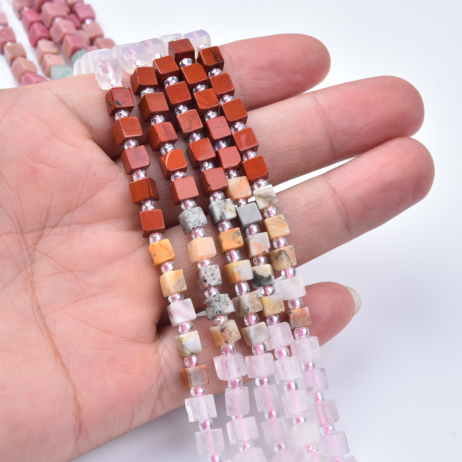 4mm Rose Quartz, Rhodonite, Aventurine, Red Jasper & Quartz Mixed Gemstone Cube Beads Strand GRN802 - Image 2
