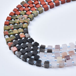 4mm Red Jasper, Picasso Jasper, Onyx, Quartz & Aventurine Mixed Gemstone Cube Beads Strand GRN803