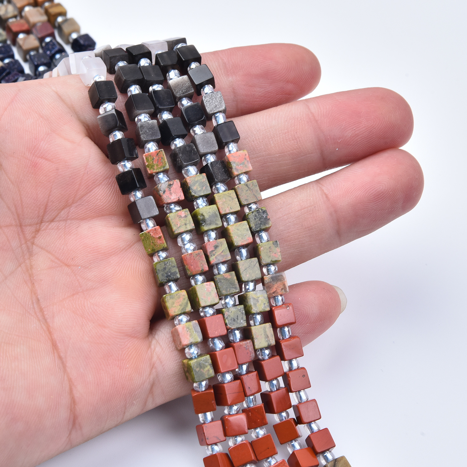4mm Red Jasper, Picasso Jasper, Onyx, Quartz & Aventurine Mixed Gemstone Cube Beads Strand GRN803 - Image 2