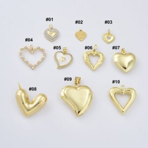 Gold Filled Heart Charm, Romantic Heart Necklace Pendant for DIY Jewelry Making, Puffy Open Crystal Love Gift for Valentines, Lot018