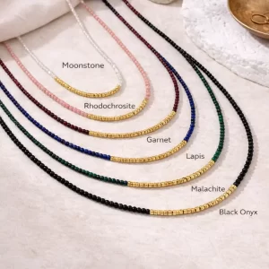 Gold Filled Beaded Gemstone Necklace, Moonstone Rhodochrosite Garnet Lapis Malachite Black Onyx Minimalist Choker, Gift for Her, NL054A