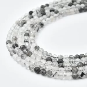 Rutilated Quartz 4mm Faceted Round Beads Strand, Black Needle Inclusions Crystal Beads for Jewelry PRP1169