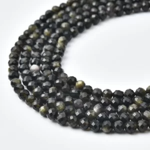 Obsidian 4mm Faceted Round Beads Strand, Glossy Black Natural Stone Micro Beads for Jewelry Making PRP1173