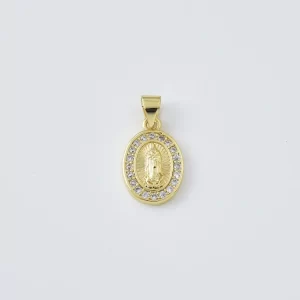 Gold Filled Virgin Mary Pendant Charm, CZ Oval Religious Medallion for DIY Necklace Bracelet Jewelry Making Supplies Catholic Gift, CP2434