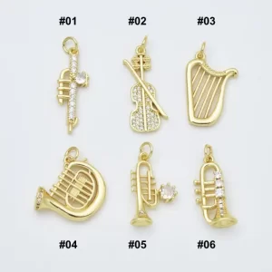 Gold Filled Musical Instrument Charms, Trumpet, Violin, Harp, French Horn, Music Jewelry for Musicians, Gift for Music Lovers, Lot025