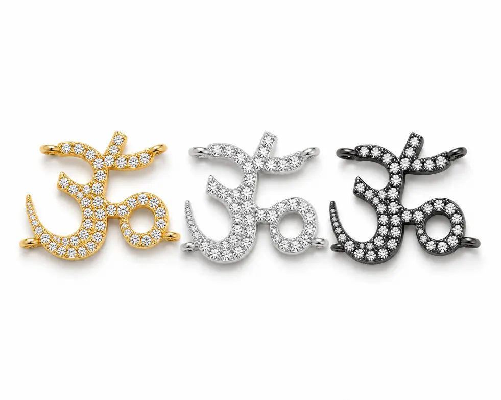 Gold Filled CZ Pave Om Symbol Connector Charm, Silver Black Aum Link Pendants, Yoga Spiritual Medallion, Wholesale Jewelry Supply, CN519