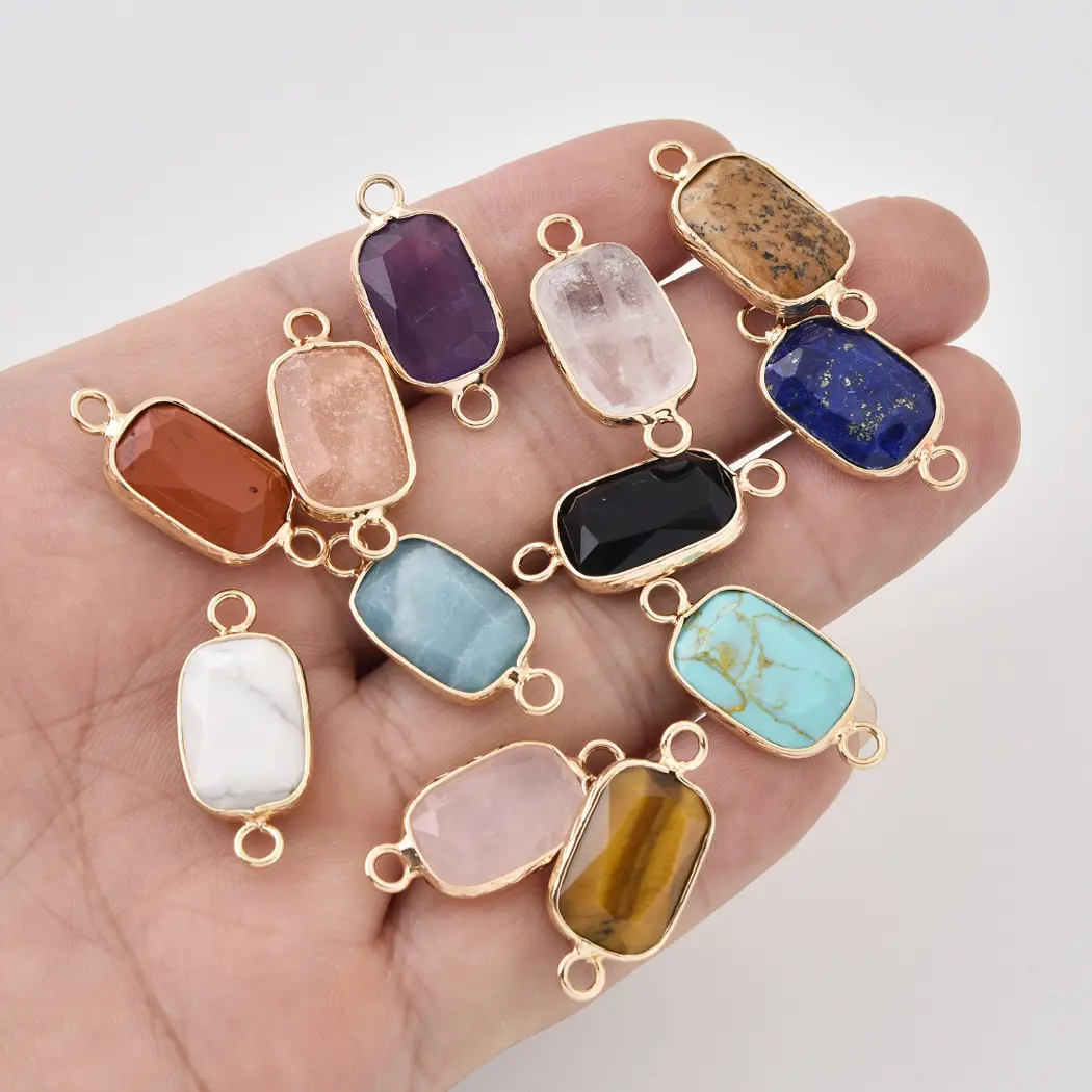 Natural Gemstone Bezel Connector Charm, Rose Quartz Amazonite Onyx Amethyst Tiger Eye Lapis Crystal Stone Pendant for Jewelry Making, CN520 - Image 2
