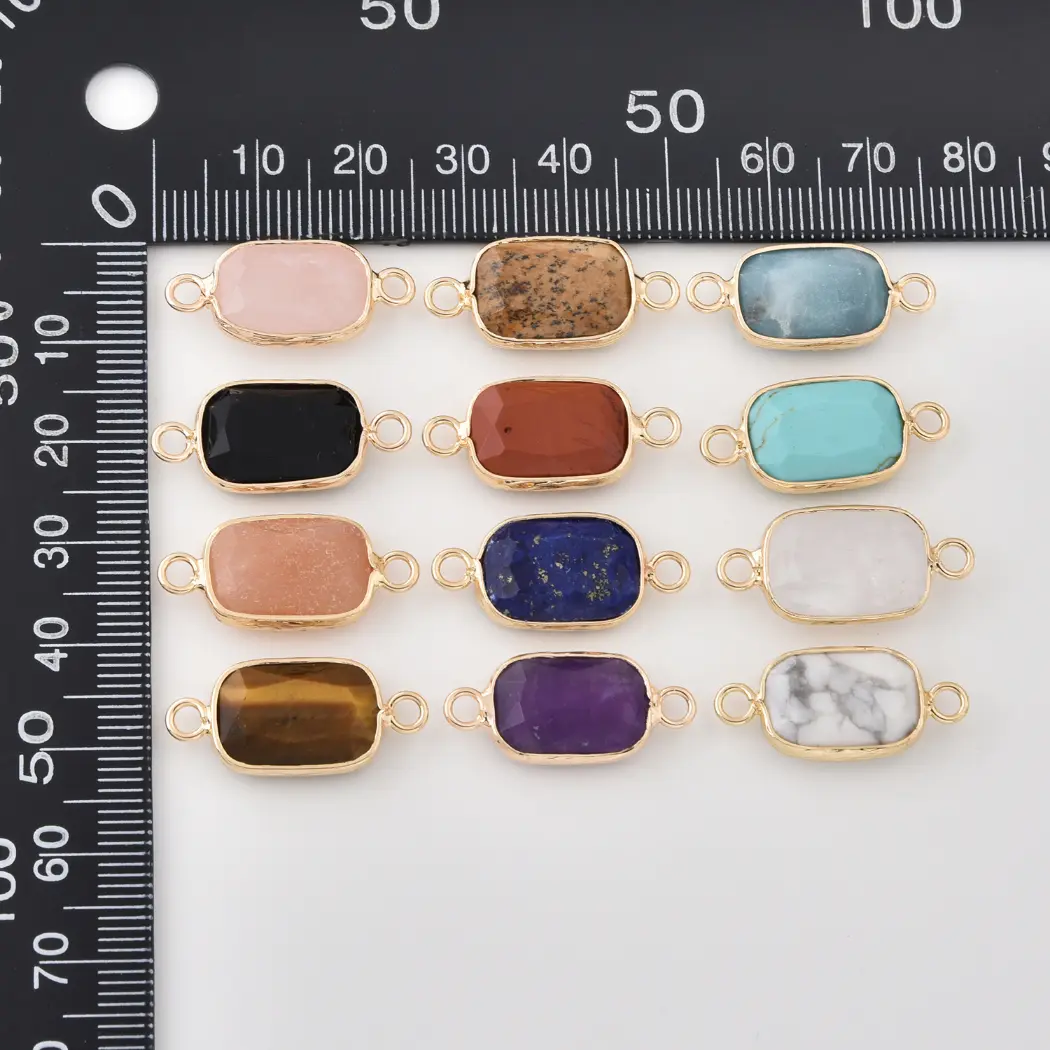 Natural Gemstone Bezel Connector Charm, Rose Quartz Amazonite Onyx Amethyst Tiger Eye Lapis Crystal Stone Pendant for Jewelry Making, CN520 - Image 15
