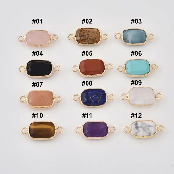 Natural Gemstone Bezel Connector Charm, Rose Quartz Amazonite Onyx Amethyst Tiger Eye Lapis Crystal Stone Pendant for Jewelry Making, CN520