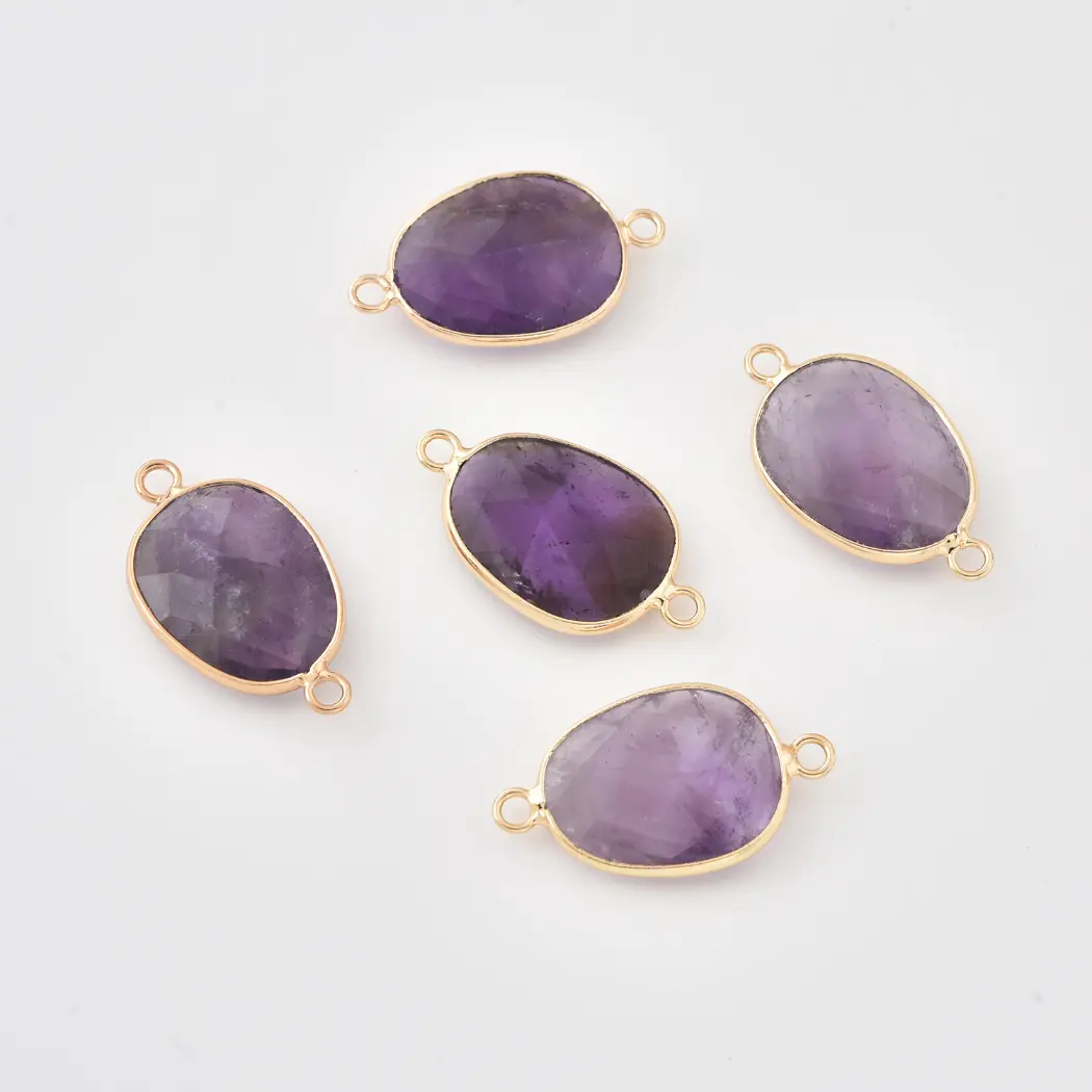 Natural Gemstone Bezel Connector Charm, Rose Quartz Rhodochrosite Amethyst Amazonite Lapis Tiger Eye for Jewelry Making Supplies, CN521 - Image 5