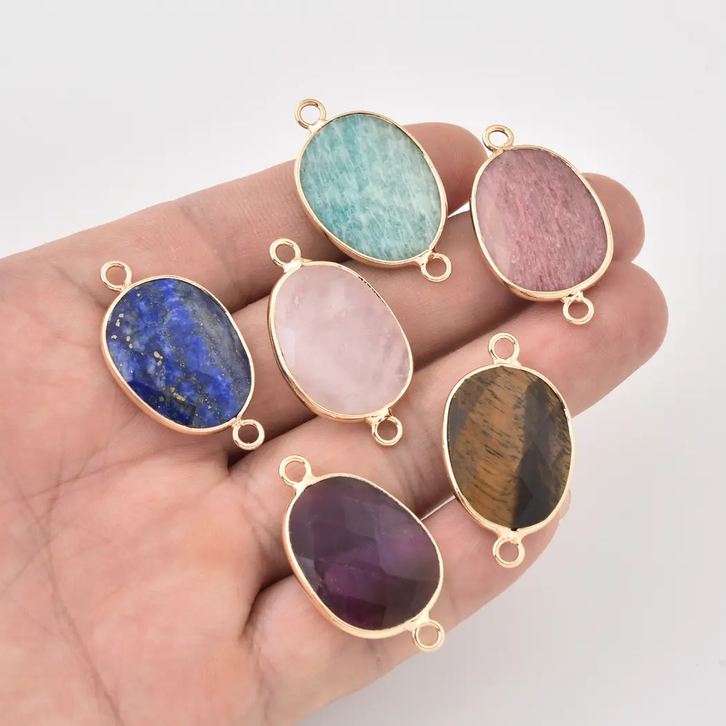 Natural Gemstone Bezel Connector Charm, Rose Quartz Rhodochrosite Amethyst Amazonite Lapis Tiger Eye for Jewelry Making Supplies, CN521 - Image 2