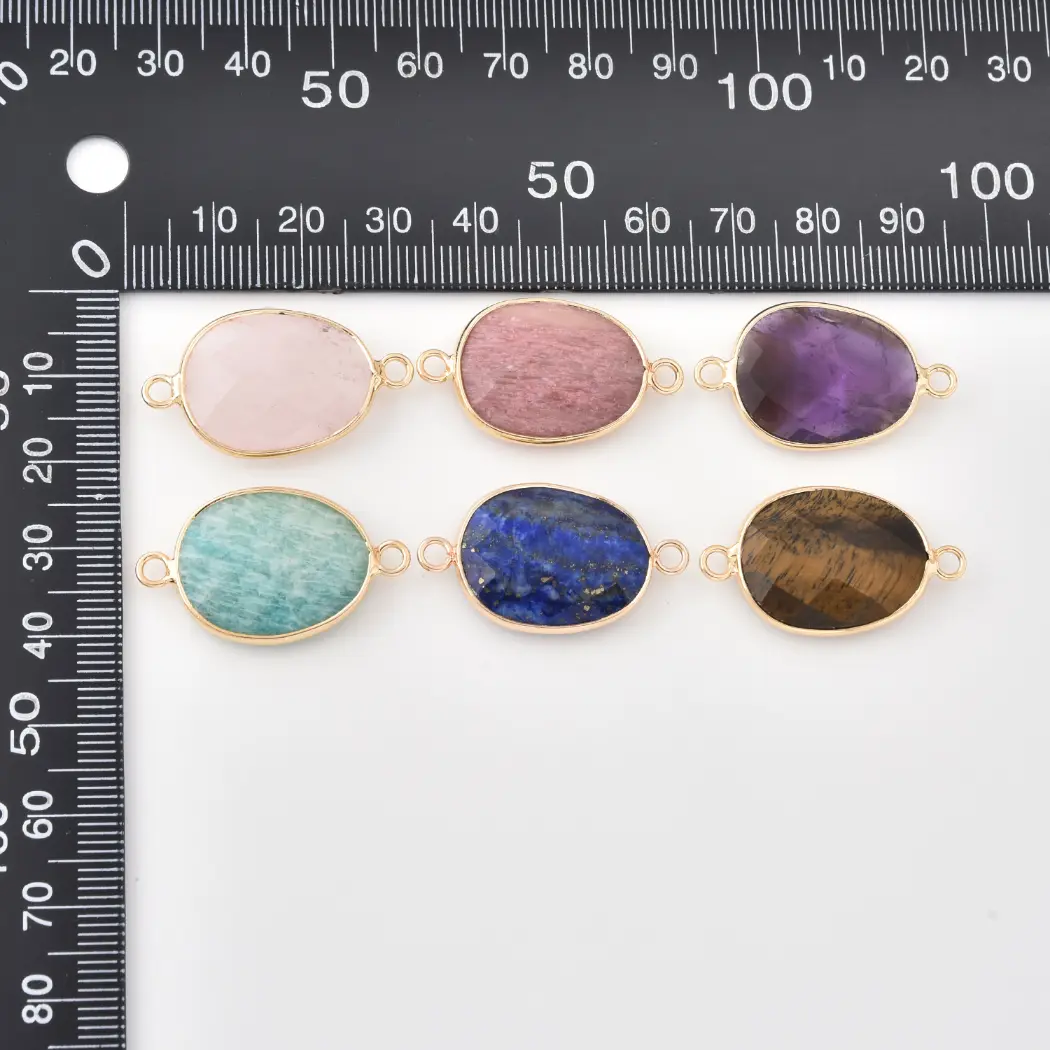 Natural Gemstone Bezel Connector Charm, Rose Quartz Rhodochrosite Amethyst Amazonite Lapis Tiger Eye for Jewelry Making Supplies, CN521 - Image 9