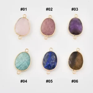 Natural Gemstone Bezel Connector Charm, Rose Quartz Rhodochrosite Amethyst Amazonite Lapis Tiger Eye for Jewelry Making Supplies, CN521