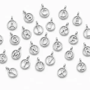 Silver Alphabet Letter Charm Pendant, Initial A-Z CZ Silver Tone Letter Disc Charm for Necklace Bracelet DIY Jewelry Making Supplies, CP067
