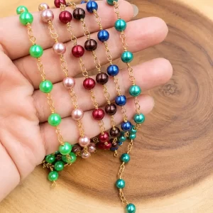 Gold Filled 6mm Shell Pearl Station Chain by the Foot, Pearl Rosary Chain, Beaded Chain for Necklace Bracelet Jewelry Making, CH204