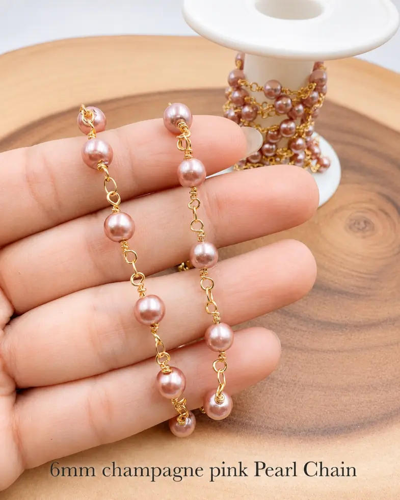 Gold Filled 6mm Shell Pearl Station Chain by the Foot, Pearl Rosary Chain, Beaded Chain for Necklace Bracelet Jewelry Making, CH204 - Image 2