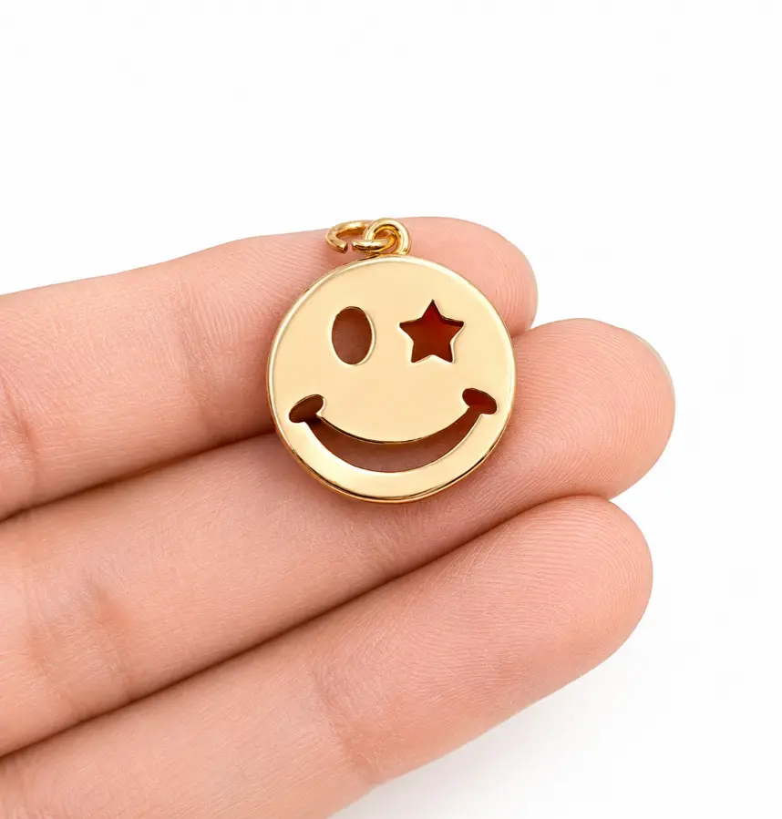 Gold Filled Smiley Face Charm Pendant, Emoji Round Cutout Face Pendant, Minimalist Lucky Charm Necklace Bracelet Jewelry DIY, CP1248 - Image 2