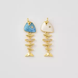 Gold Filled Enamel Fish Bone Charm, CZ Fish Skeleton Pendant, Ocean Sea Jewelry Finding for Necklace Bracelet DIY, Gift for Her, CP2484