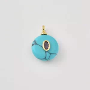 Gold Filled Turquoise Round Charm with Aqua CZ, Turquoise Gemstone Pendant, Blue Stone Necklace Bracelet Charm DIY Jewelry, CP2489