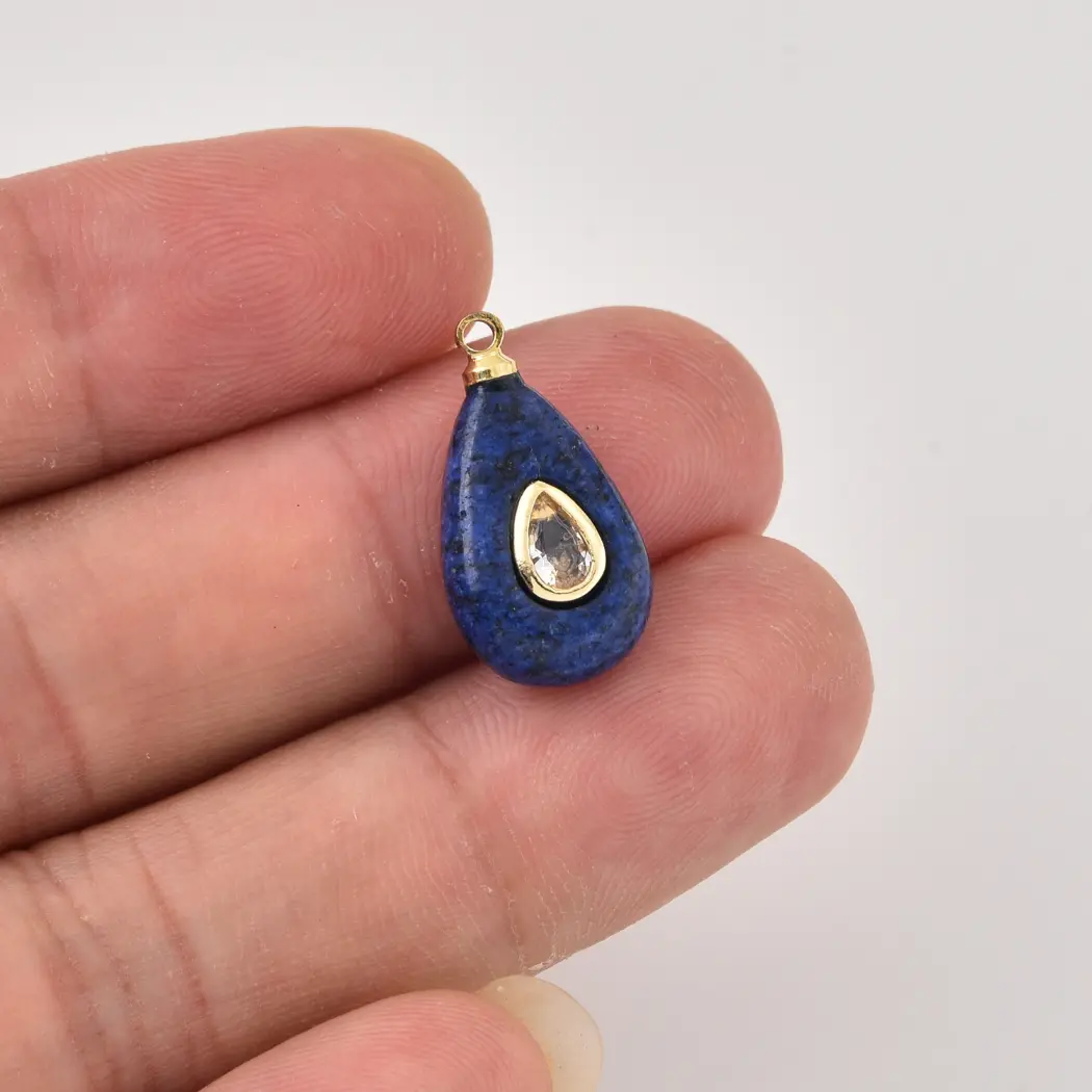 Gold Filled Lapis Lazuli Teardrop Charm with Clear CZ, Lapis Gemstone Pendant, Blue Stone Necklace Bracelet Charm DIY Jewelry, CP2491 - Image 2