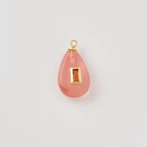 Gold Filled Strawberry Quartz Teardrop Charm with Orange CZ, Pink Gemstone Pendant, Crystal Necklace Charm for DIY Jewelry Making, CP2492