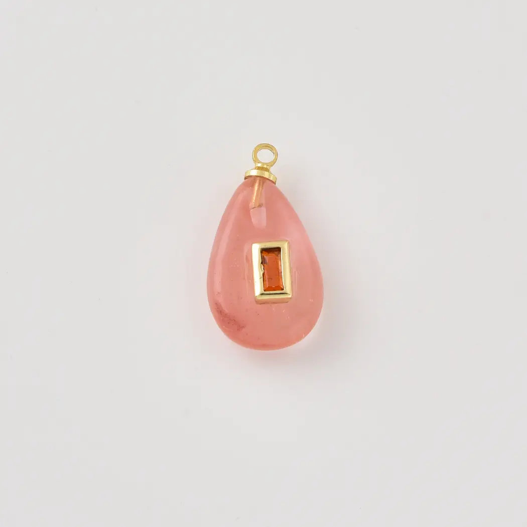 Gold Filled Strawberry Quartz Teardrop Charm with Orange CZ, Pink Gemstone Pendant, Crystal Necklace Charm for DIY Jewelry Making, CP2492