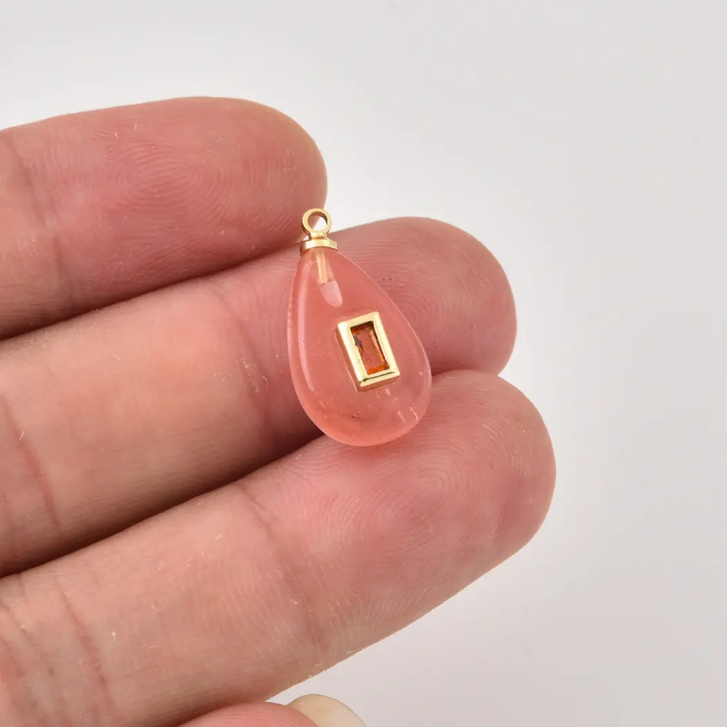 Gold Filled Strawberry Quartz Teardrop Charm with Orange CZ, Pink Gemstone Pendant, Crystal Necklace Charm for DIY Jewelry Making, CP2492 - Image 2
