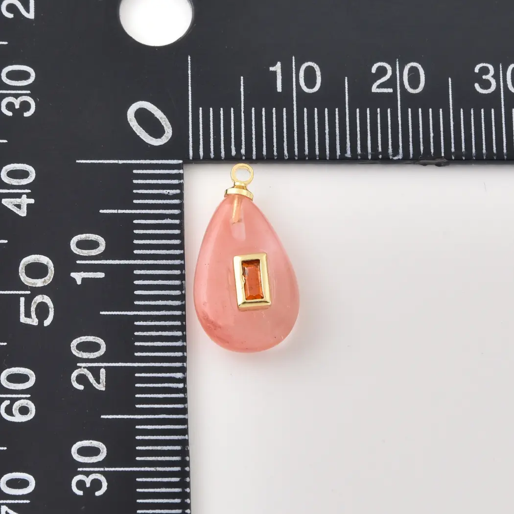Gold Filled Strawberry Quartz Teardrop Charm with Orange CZ, Pink Gemstone Pendant, Crystal Necklace Charm for DIY Jewelry Making, CP2492 - Image 3