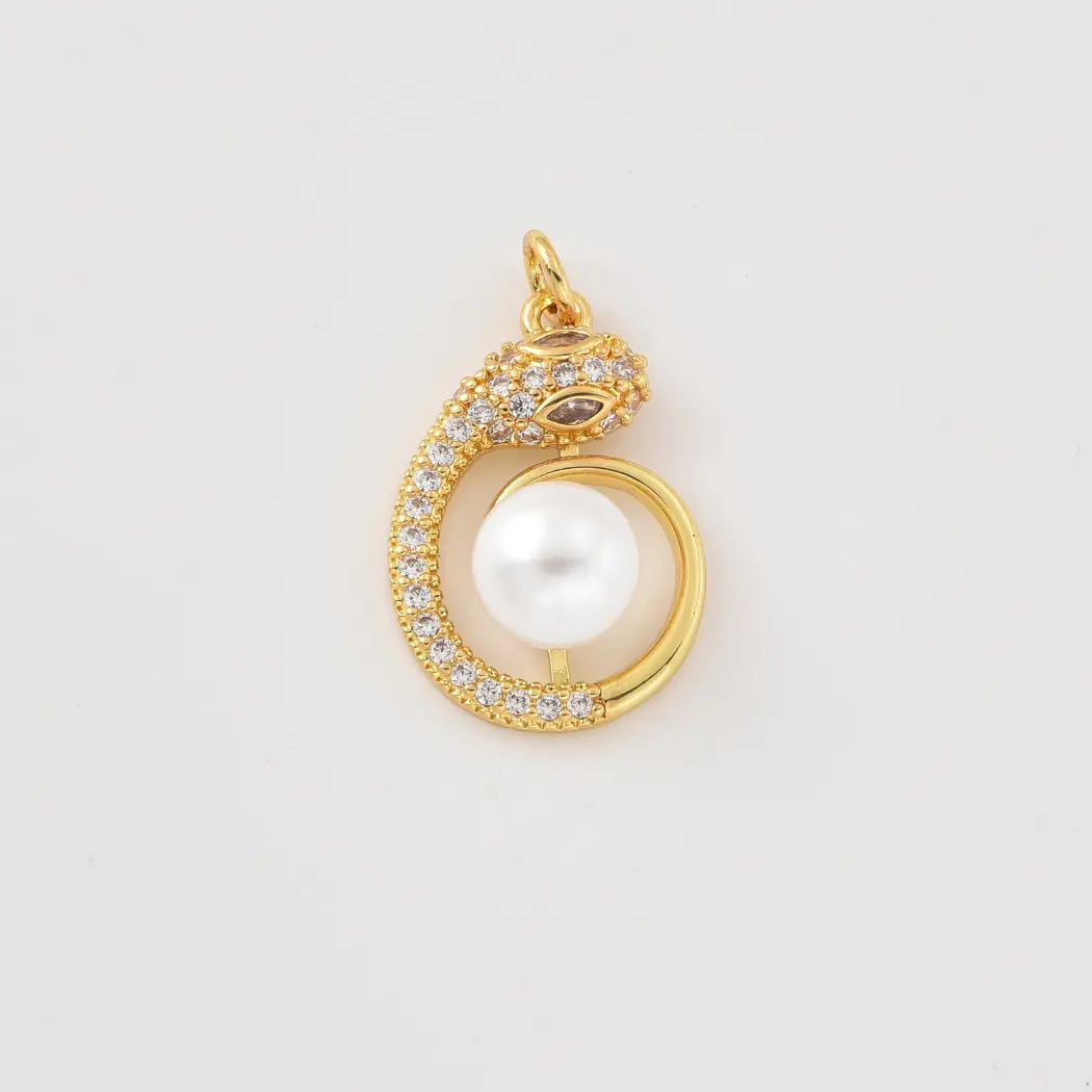Gold Filled Snake Pearl Charm, CZ Snake Pendant, Serpent Pearl Pendant, Minimalist Animal Charm for Necklace Bracelet DIY Jewelry, CP2497