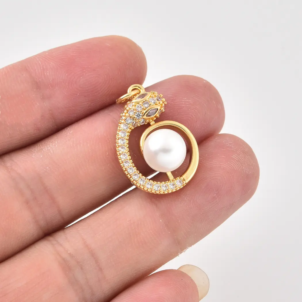 Gold Filled Snake Pearl Charm, CZ Snake Pendant, Serpent Pearl Pendant, Minimalist Animal Charm for Necklace Bracelet DIY Jewelry, CP2497 - Image 2