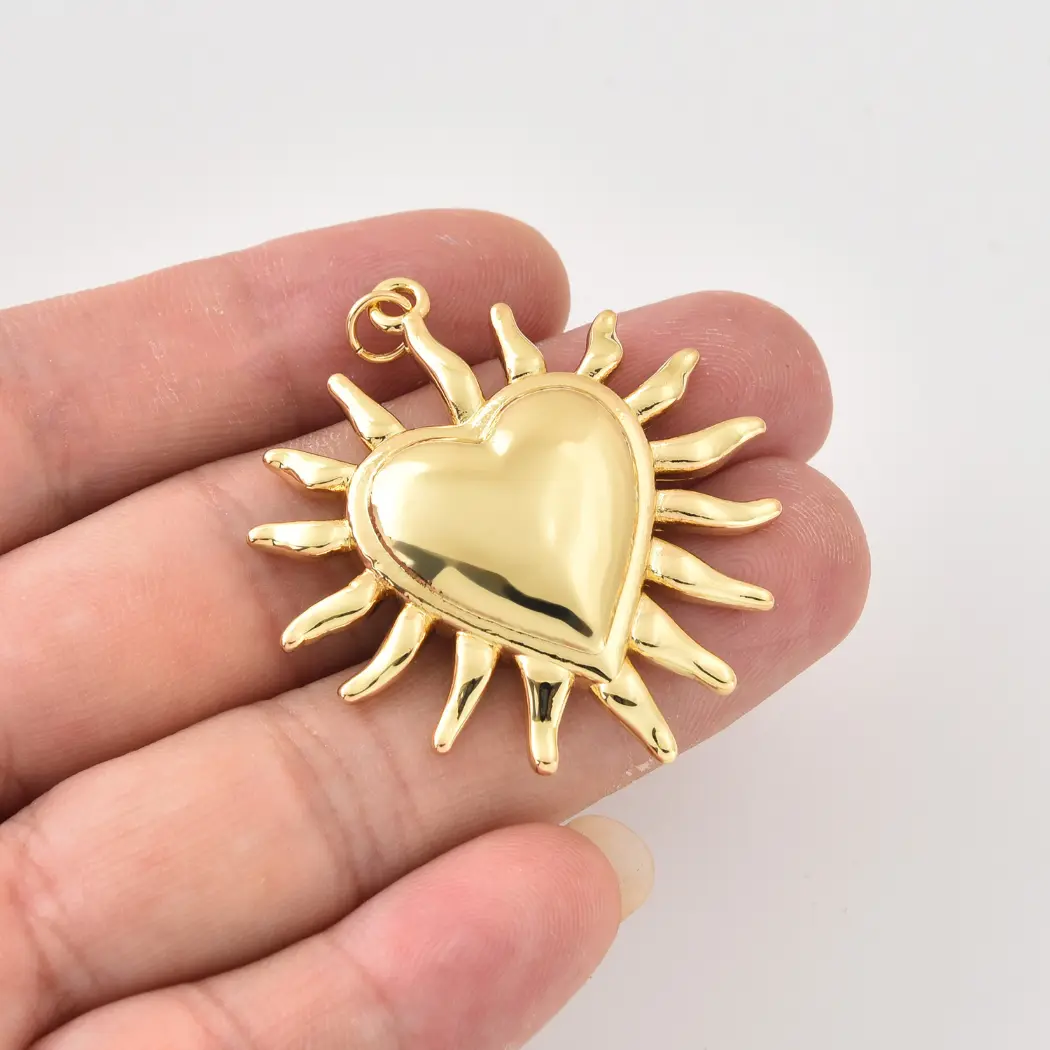 Gold Filled Heart Sun Charm, Puffy Heart Pendant, Sunburst Charm, Celestial Heart Pendant, Minimalist Jewelry Supply, Gift for Her, CP2500 - Image 2
