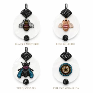 Crystal CZ Mother of Pearl Shell Pendant with Interchangeable Bail, Pave CZ Bee Evil Eye Fly Charm, Statement Jewelry, Gift for Her, CP2508