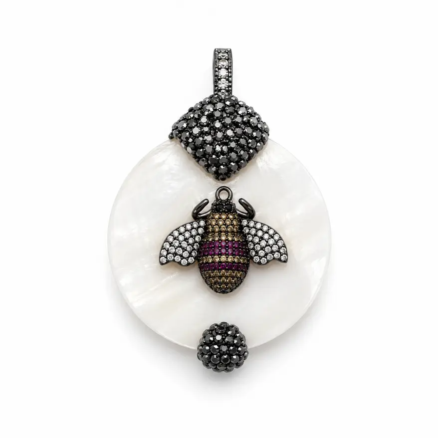 Crystal CZ Mother of Pearl Shell Pendant with Interchangeable Bail, Pave CZ Bee Evil Eye Fly Charm, Statement Jewelry, Gift for Her, CP2508 - Image 2