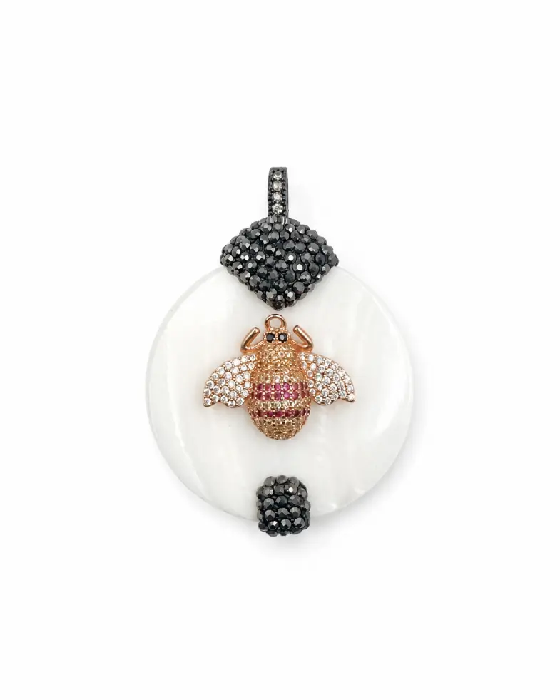 Crystal CZ Mother of Pearl Shell Pendant with Interchangeable Bail, Pave CZ Bee Evil Eye Fly Charm, Statement Jewelry, Gift for Her, CP2508 - Image 3