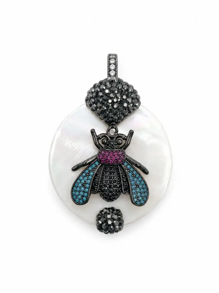 Crystal CZ Mother of Pearl Shell Pendant with Interchangeable Bail, Pave CZ Bee Evil Eye Fly Charm, Statement Jewelry, Gift for Her, CP2508 - Image 4