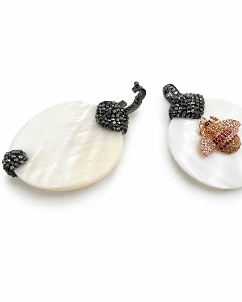 Crystal CZ Mother of Pearl Shell Pendant with Interchangeable Bail, Pave CZ Bee Evil Eye Fly Charm, Statement Jewelry, Gift for Her, CP2508 - Image 6