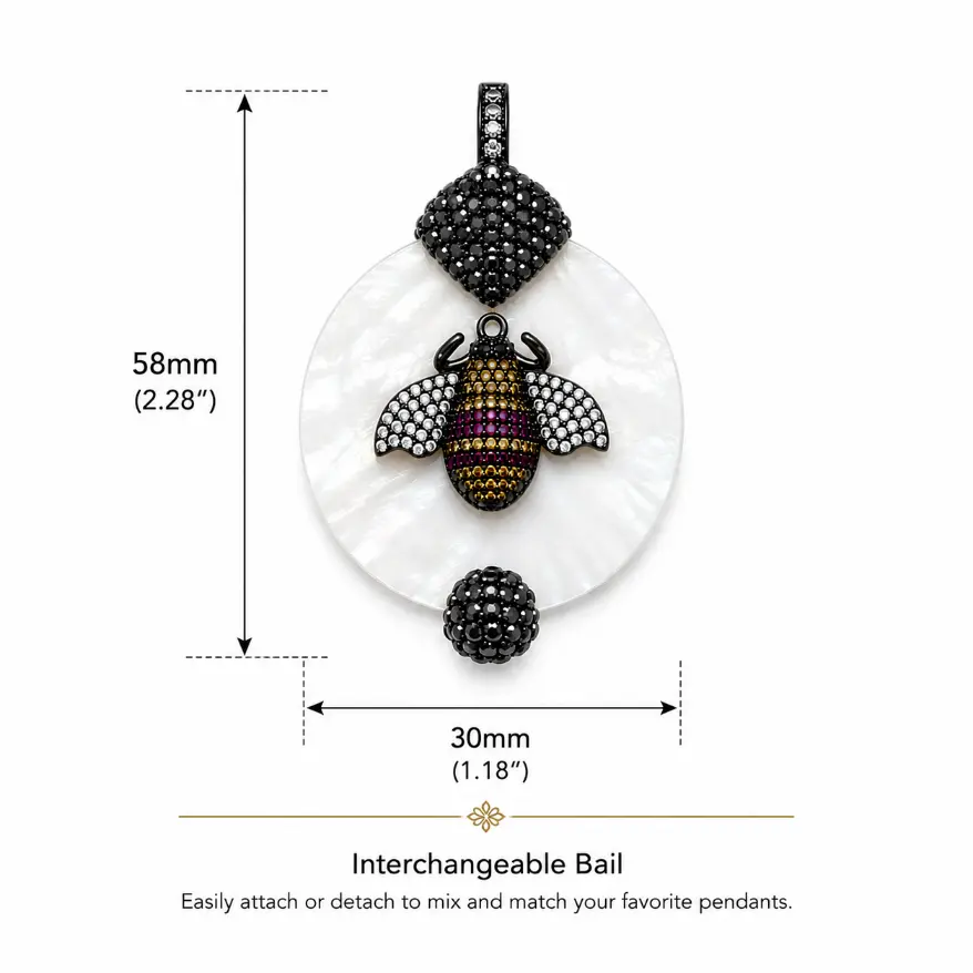 Crystal CZ Mother of Pearl Shell Pendant with Interchangeable Bail, Pave CZ Bee Evil Eye Fly Charm, Statement Jewelry, Gift for Her, CP2508 - Image 7
