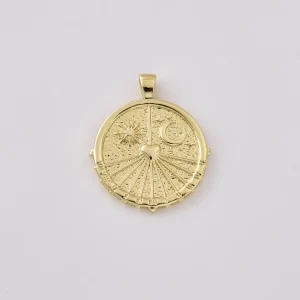 Gold Filled Sun Moon Heart Pendant, Celestial Medallion Charm, Tarot Inspired Pendant, Cosmic Jewelry Making Supply, Gift for Her, CP2522