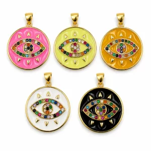 Gold Filled CZ Evil Eye Pendant Charm, Multicolor Pave Protection Eye Necklace Bracelet DIY Jewelry Finding, Round Enamel Charm, CP827