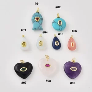 Gold Filled Gemstone Charm Pendant, Heart Fish Teardrop Round Stone Pendant, Natural Stone Jewelry Charm, DIY Necklace, Gift for Her, Lot030