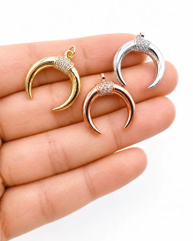 Gold Filled Crescent Moon Horn Pendant, Pave CZ Crescent Charm, Boho Moon Necklace Pendant, Celestial Jewelry Making Supply, CP043 - Image 2